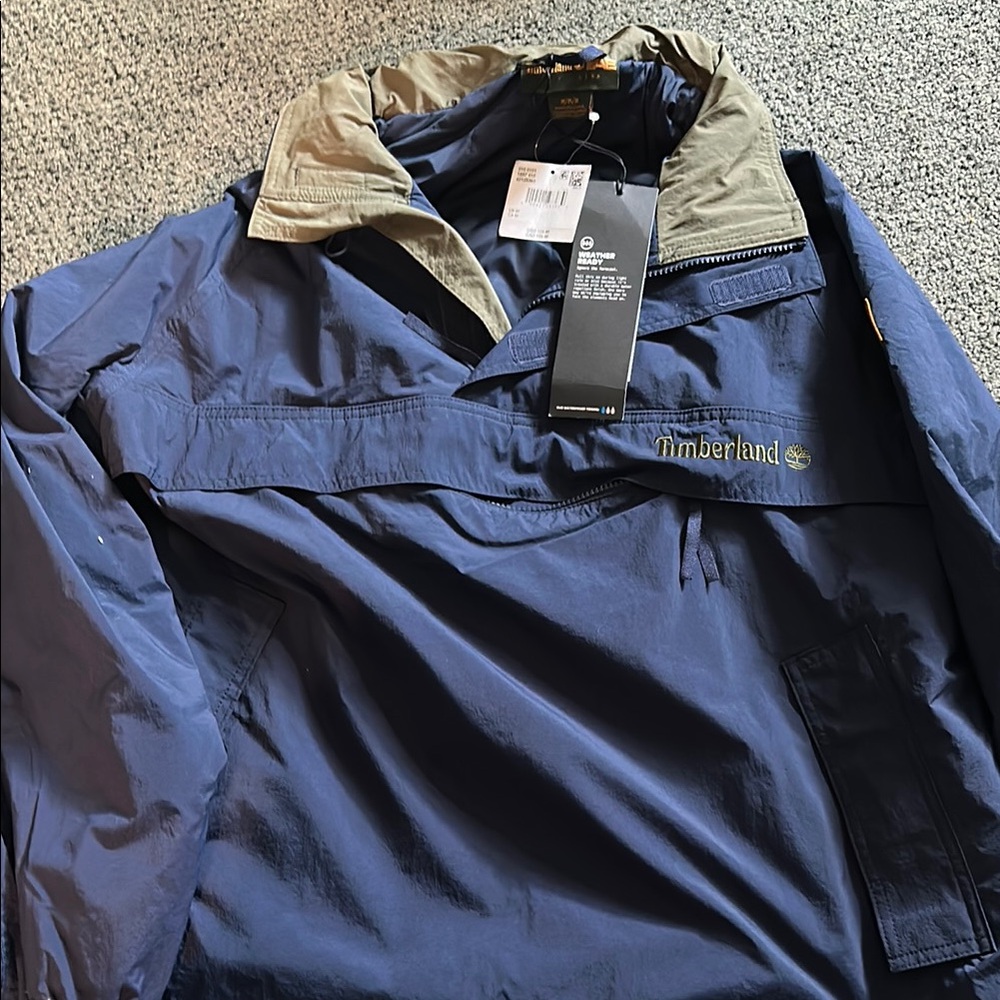 Men’s Timberland Blue and Tan Windbreaker pullover Jacket with enclosed hood